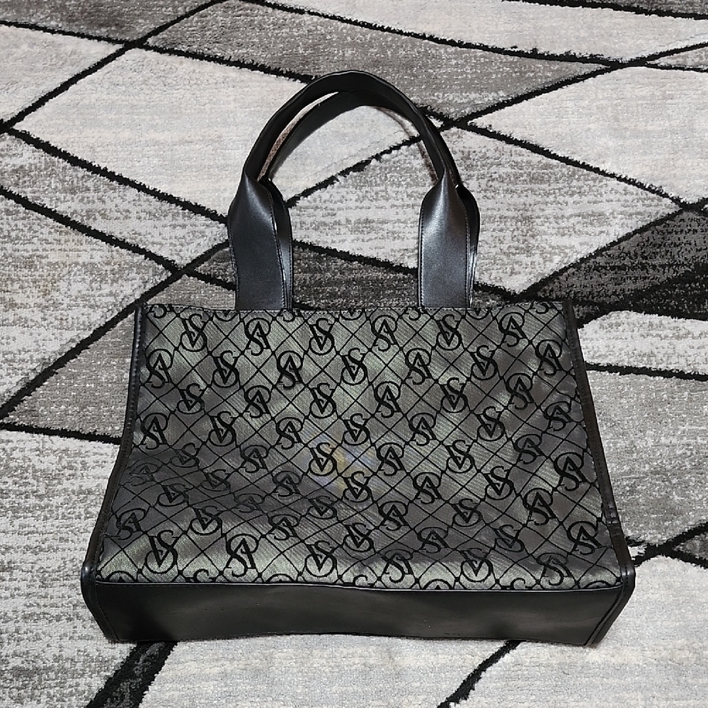 VICTORIA SECRET BLACK MONOGRAM MESH FAUX-LEATHER 2023 TOTE BAG - Picture 1 of 9